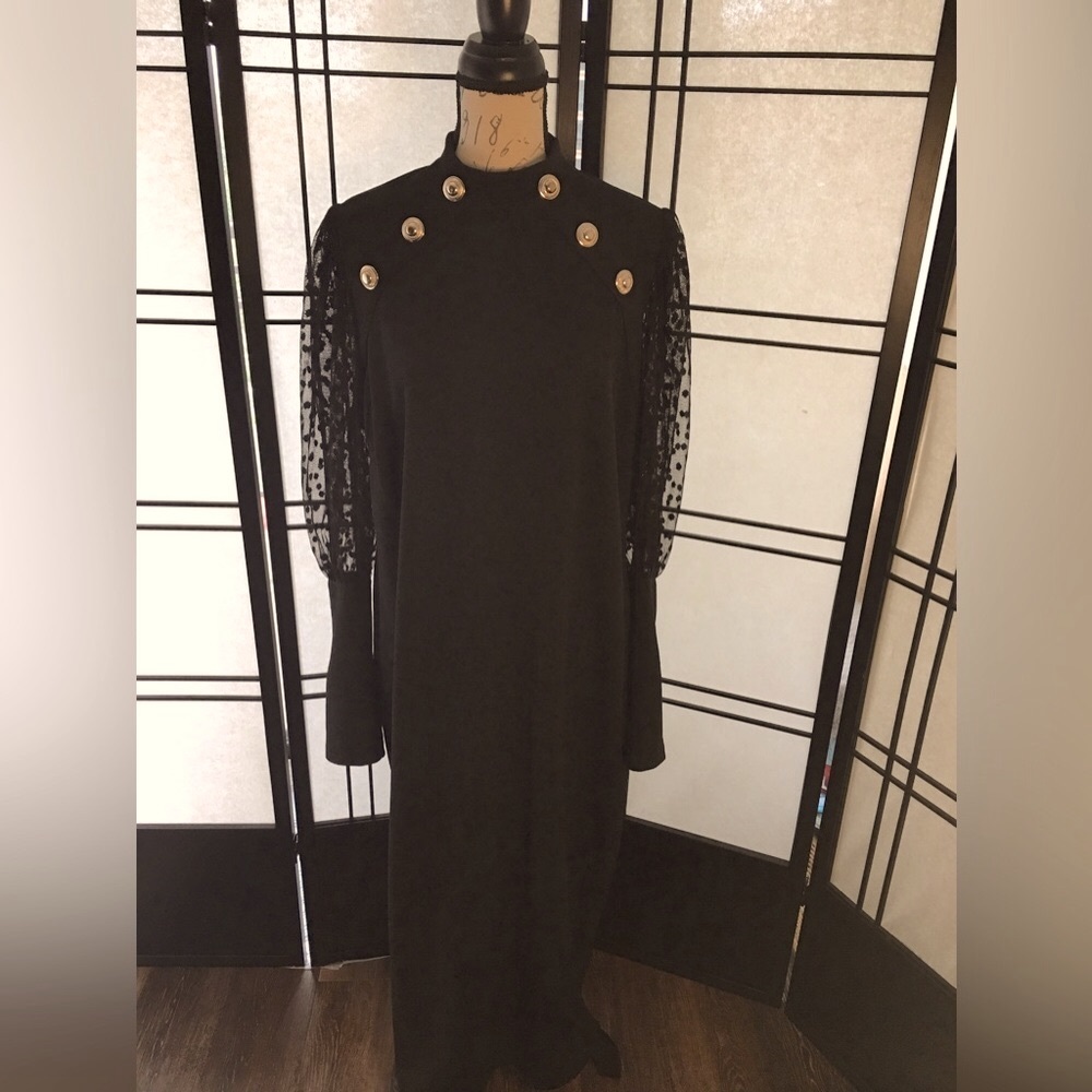 3X SHEIN CURVE BLACK DRESS WITH DOTTED MESH SLEEVES